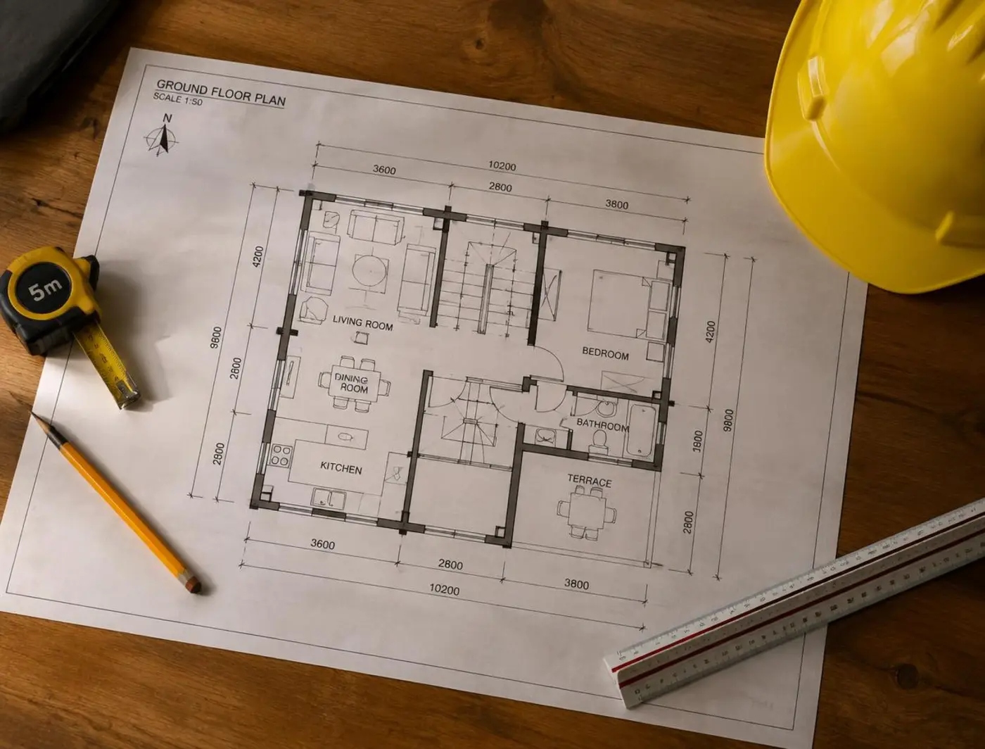 Plano arquitectónico sobre una mesa con flexómetro, lápiz y casco amarillo (imagen ilustrativa)